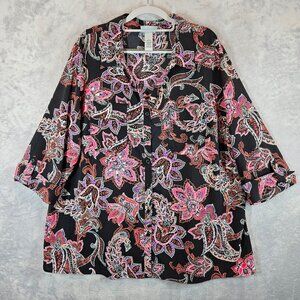 Catherines Womens 1X Button up Blouse 3/4 Sleeve Paisley Multi-Color office bold